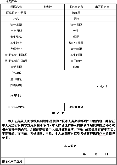 廣東深圳2015年初、中、高級會計師考試網(wǎng)上報名考生信息表