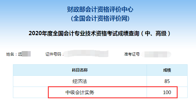 中級會計職稱百分學員成績單