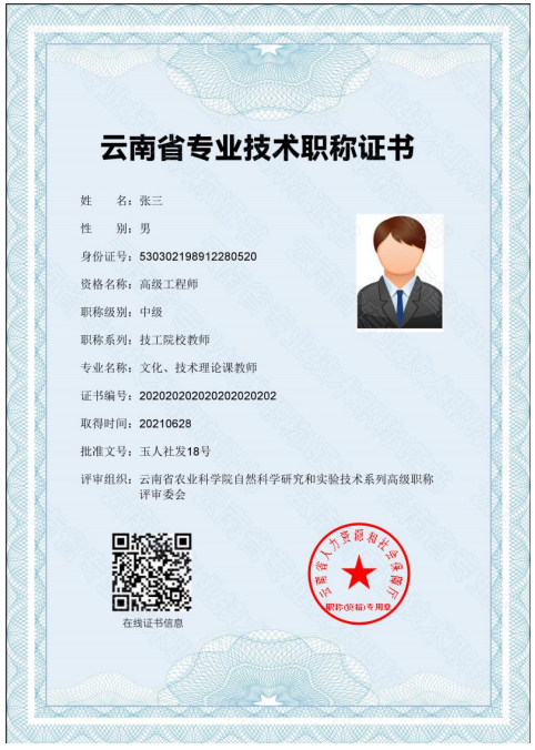 云南省專(zhuān)業(yè)技術(shù)職稱(chēng)證書(shū)（樣式）