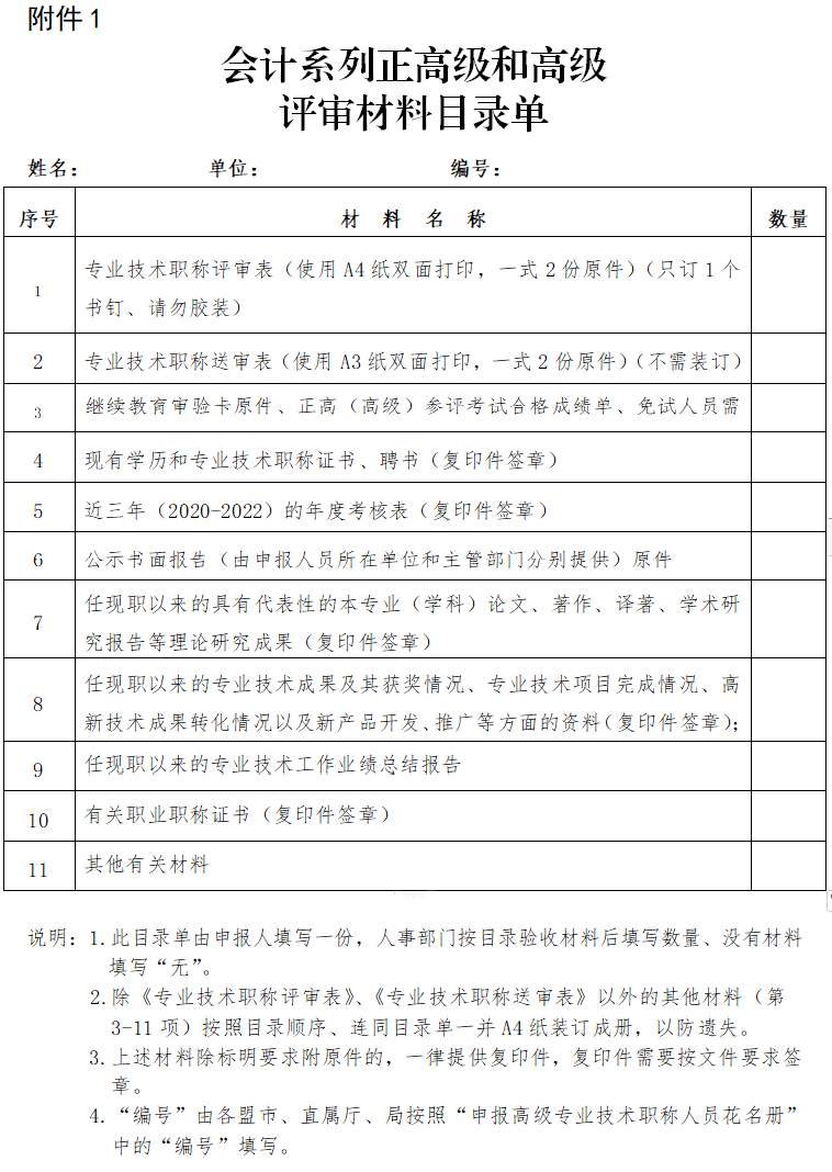 內(nèi)蒙古2023年高級(jí)會(huì)計(jì)師評(píng)審申報(bào)材料清單