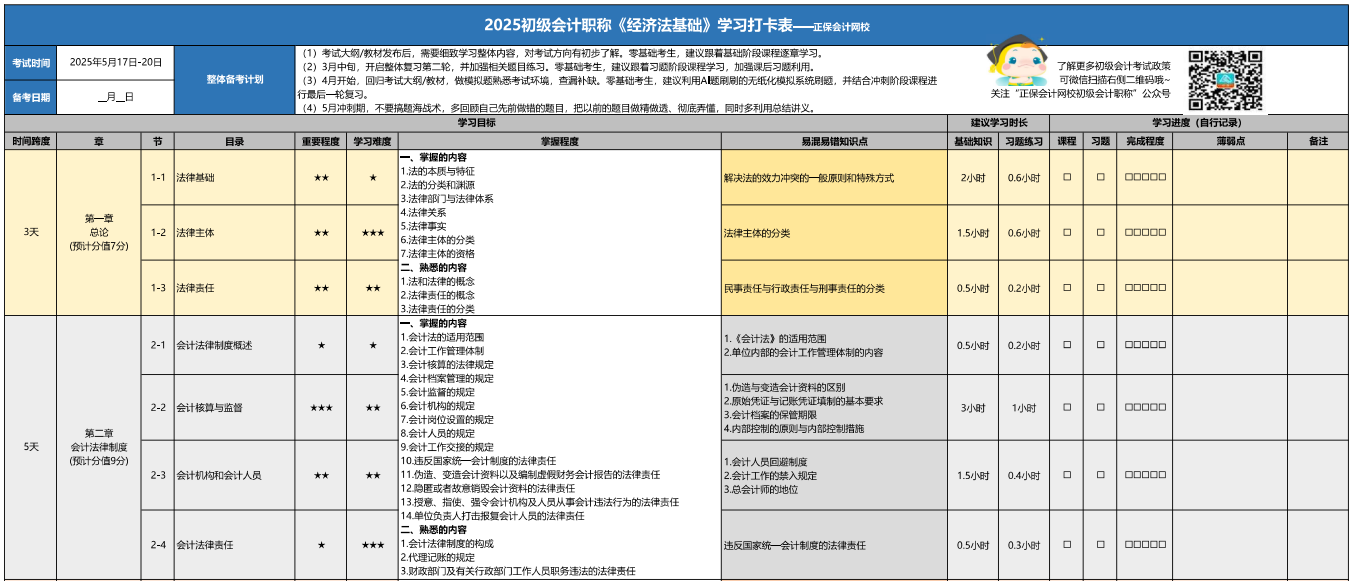 2025初級會計百天沖刺！《經(jīng)濟法基礎(chǔ)》學習打卡表