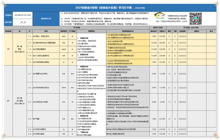 初級會計學習計劃打卡表